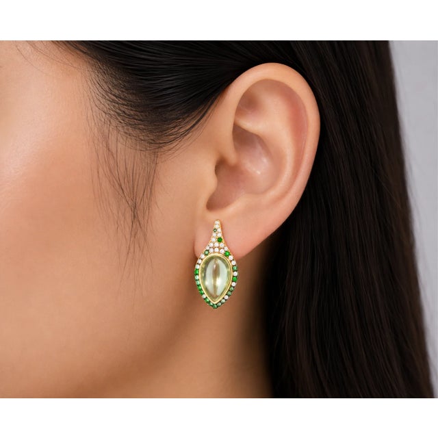 Contemporary Late 20th Century Pair of 14K Yellow Gold Cabochon Green Amethyst Tsavorite Diamond Leaf Earrings For Sale - Image 3 of 3