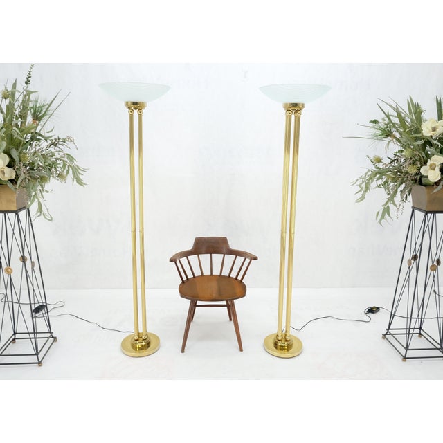 Brass Pair of Mid Century Modern Brass Etched Glass Shades Torcheres Floor Lamps MINT! For Sale - Image 8 of 13