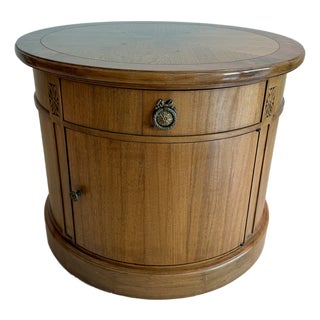 Vintage Neoclassical Round Wood Drum Side Table With Drawer & Cabinet For Sale