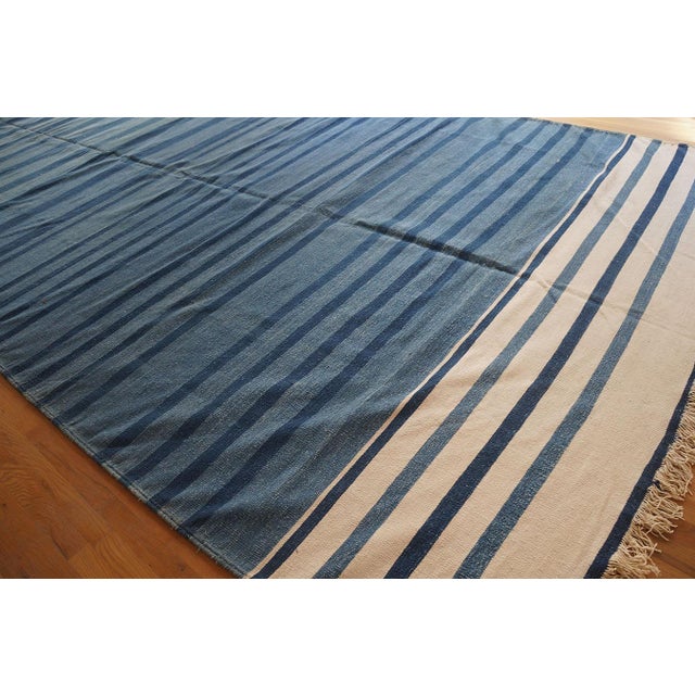 1930s Blue Stripe Antique Indian Cotton Dhurrie Rug 8'2'' X 40'2" Flatweave Carpet For Sale - Image 12 of 13
