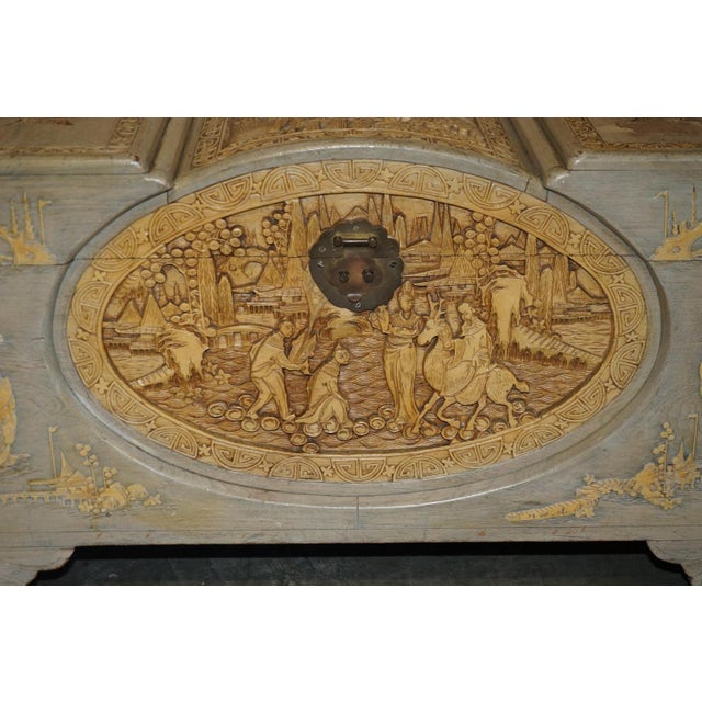 Antique Chinese Export Heavily Carved Camphor Wood Linen Toy Chest, 1920s For Sale - Image 3 of 18