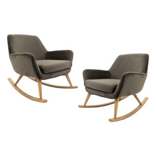 Pair of Contemporary Gray Velvet Upholstered Rocking Chairs With Wooden Runners For Sale