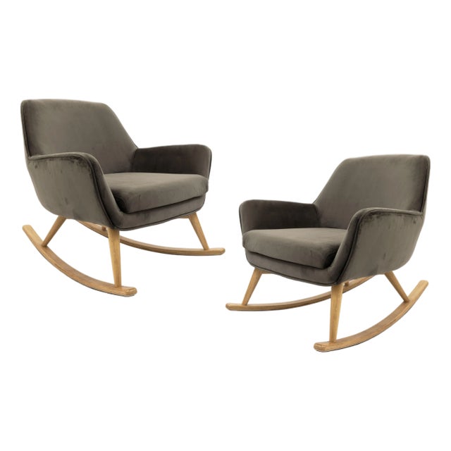 Pair of Contemporary Gray Velvet Upholstered Rocking Chairs With Wooden Runners For Sale