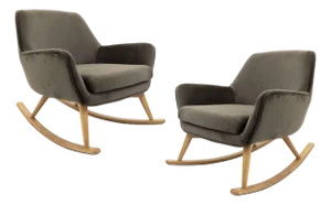 Pair of Contemporary Gray Velvet Upholstered Rocking Chairs With Wooden Runners