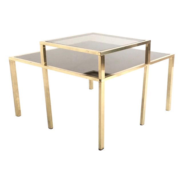 Postmodern Square Brass Coffee Table with Glass Shelf and Mirrored Top, 1980s For Sale