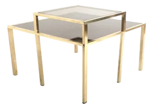 Postmodern Square Brass Coffee Table with Glass Shelf and Mirrored Top, 1980s