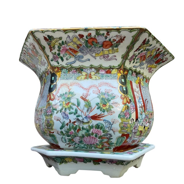 Chinese Rose Famille Vintage Cache Pot Jardinière Planter With Saucer For Sale - Image 10 of 17
