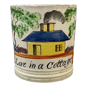 Large Antique Late 18th Century English Creamware Porter's Tankard Mug With Motto "Love in a Cottage"