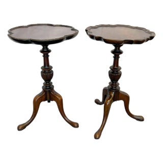 Vintage Petite Chippendale Style Drink Tables With Piecrust Tops and Candlestick Bases- A Pair For Sale
