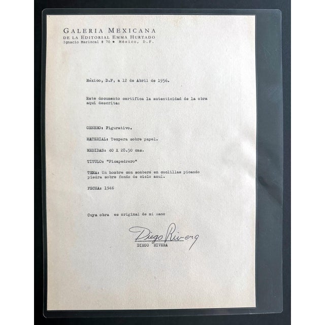 Modern Framed Tempera on Paper Picapedrero Signed Diego Rivera with Paperwork For Sale - Image 3 of 12
