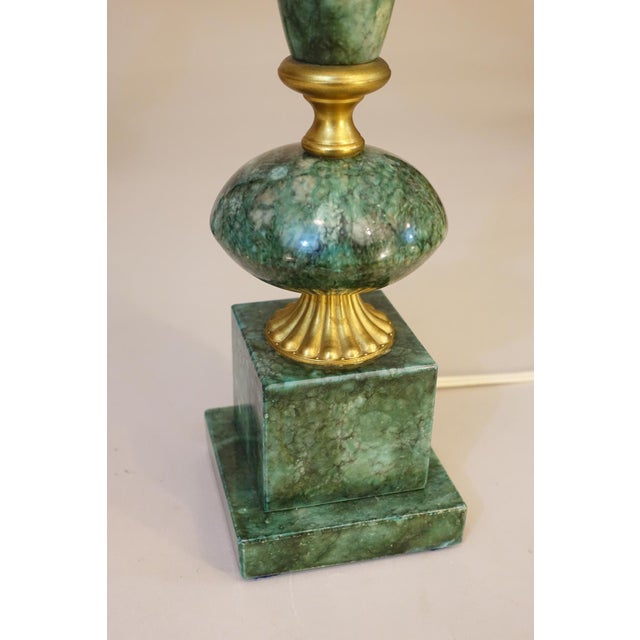Gemstone Matching Pair Large Neoclassic Hollywood Regency Modern Green Malachite Marble Urn Style Column Table Lamps 1960's Italy For Sale - Image 7 of 12