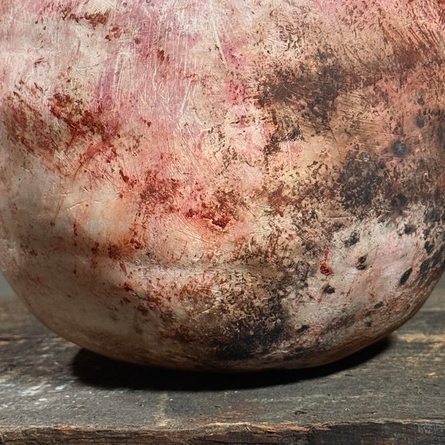 Pink Vintage Abstract Expressionist Raku Fired Hand Built Ceramic Vessel For Sale - Image 8 of 9
