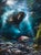 This oil painting captures a dynamic underwater scene where a bear emerges amidst swirling water, creating a sense of...