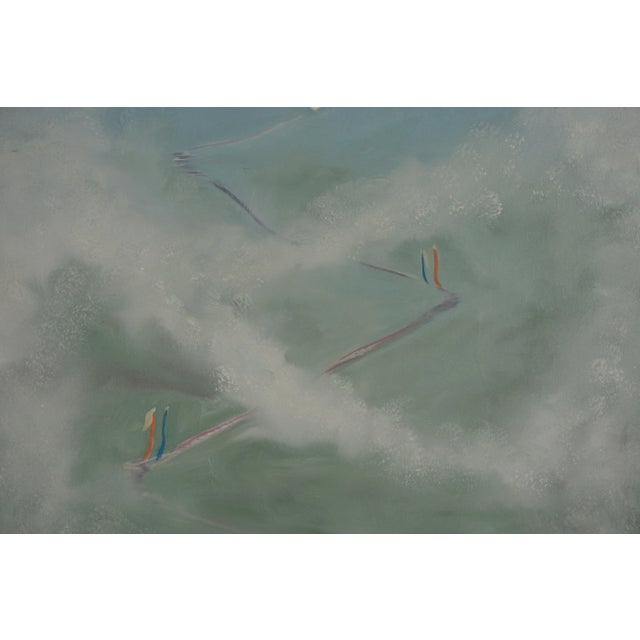 Symbolic figurative abstract with climbing stairway in bright spring colors by Marguerite Louis Blasingame (American;...