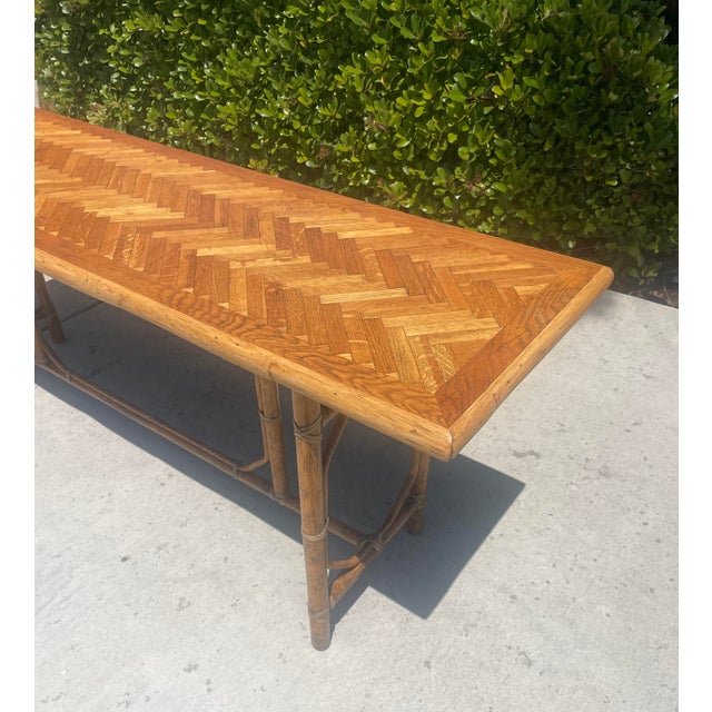 Contemporary Authentic McGuire Vintage Rattan Console Table, Refinished Herringbone Wood Top For Sale - Image 3 of 9