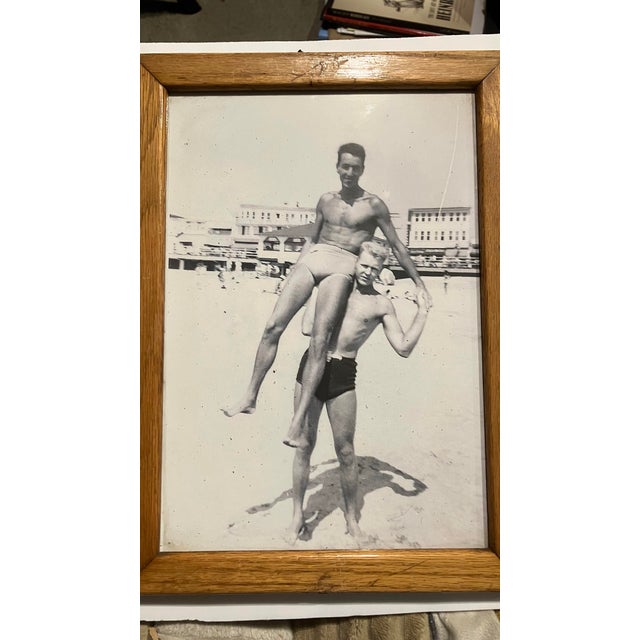 Art Deco 1930’s-4 Art Deco “Male Beach Play” Photo Copies Vintage Oak Wood Frames-Set of 4 For Sale - Image 3 of 6