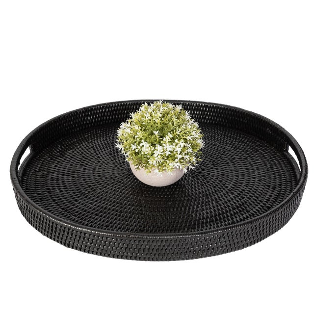 Boho Chic Artifacts Rattan Oval Tray With Cutout Handles in Tudor Black - 18" For Sale - Image 3 of 9