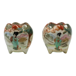Vintage Petite Signed Asian Hand Painted Footed Jars a Pair