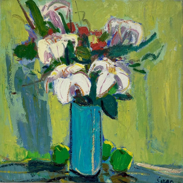 A bold and vibrant original oil painting on canvas capturing a bouquet of white lilies in a vivid teal vase, set against a...