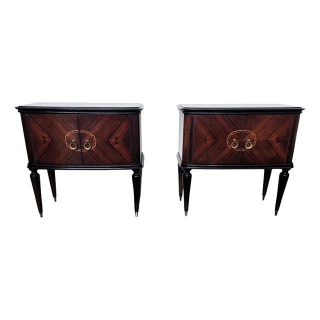 Mid-Century Art Deco Italian Nightstands in Walnut Glass Top, 1950s, Set of 2 For Sale