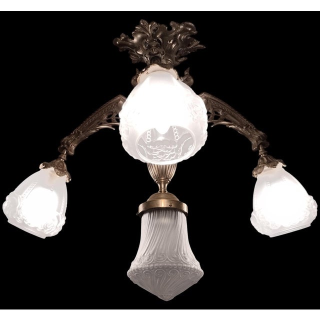 19th Century French Medieval Gothic Revival Bronze Four-Light Chandelier with Frosted Glass with Gryphons Gargoyles Dragons, 1890s For Sale - Image 12 of 13