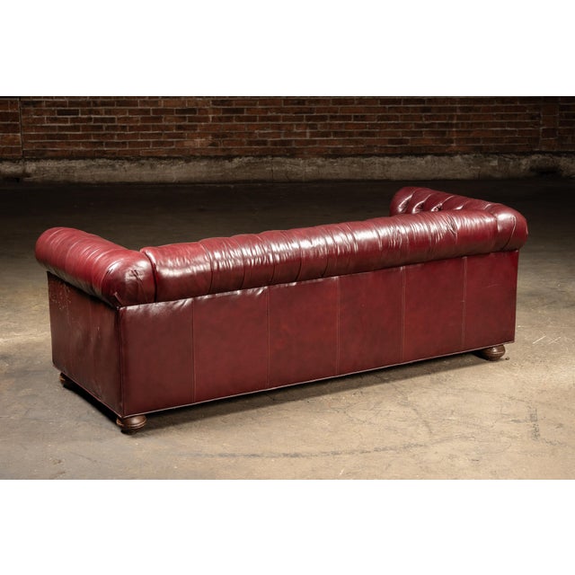 Vintage Deep Red Leather Tufted Chesterfield Sofa With Brass Nailhead Trim For Sale - Image 4 of 9