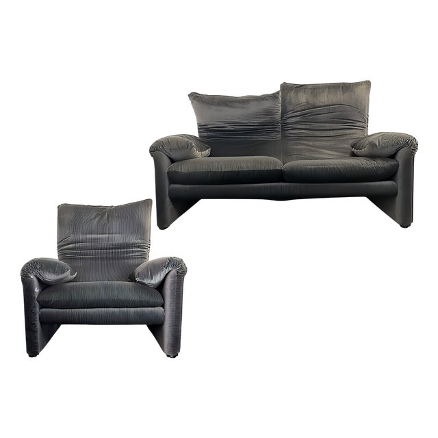 Vintage Grey Velvet Maralunga Sofa with Armchair by Vico Magistretti for Cassina, 1970s, Set of 2 For Sale
