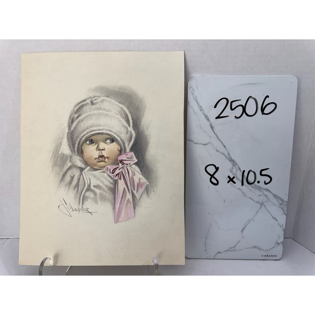 1940s Original Graphite Illustration of Child in Winter Bonnet With Pink Ribbon, 10.5 × 8 In. For Sale In Atlanta - Image 6 of 6