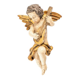 Antique 18th Century Large Hand-carved Gold Leaf Wood Cherub Putti Playing Mandolin With Polychrome Gesso Finish For Sale