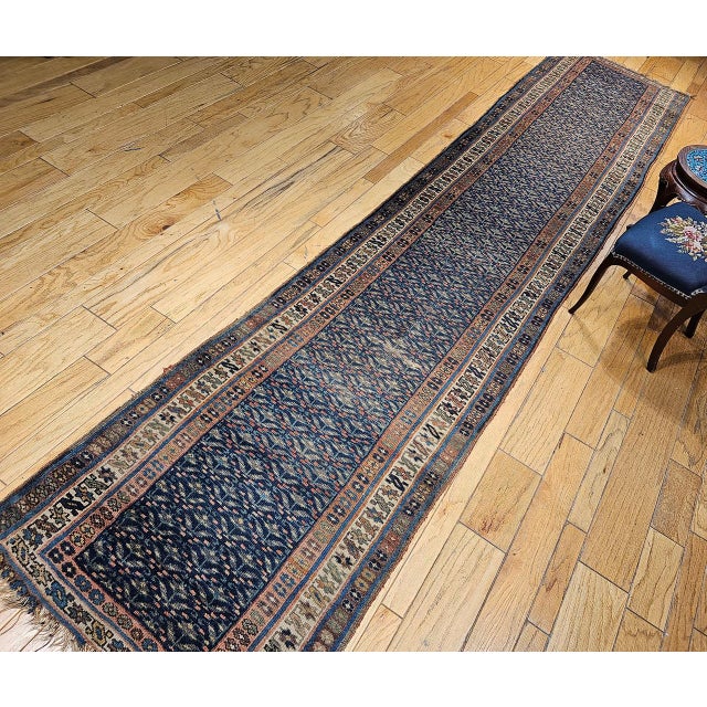 Navy Blue Vintage Persian Kurdish Runner Rug, Hand-Knotted Wool, All-Over Paisley Pattern, Blue & Green, 3x15 For Sale - Image 8 of 17