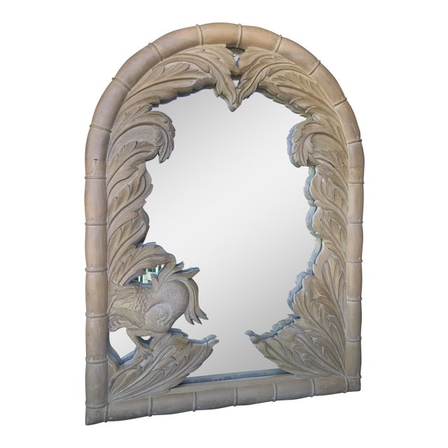 Vintage Coastal Regency Wood Carved Palm Leaf And Phoenix Bird