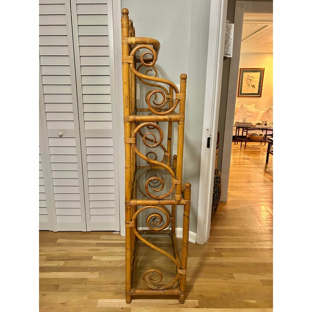 Mid 20th Century Vintage 4 Tier Chinoiserie Hollywood Regency Etagere or Bakers Rack With Glass Shelves For Sale - Image 4 of 11