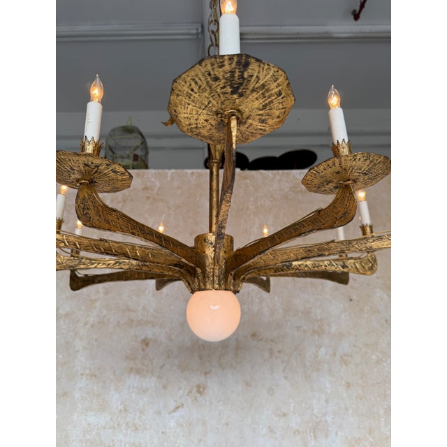 Spanish 1950’s Gilt Iron Twelve-Arm Chandelier With Opaline Glass Center Light For Sale - Image 12 of 18