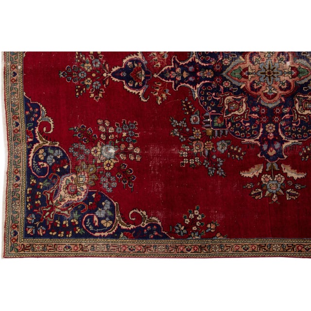 1960s Vintage Persian Tabriz Handmade Medallion Red Wool Rug For Sale - Image 4 of 7