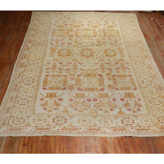 Textile Antique Zabihi Collection Pictorial Ivory Oushak Rug - 9'2" x 15'2" For Sale - Image 7 of 12