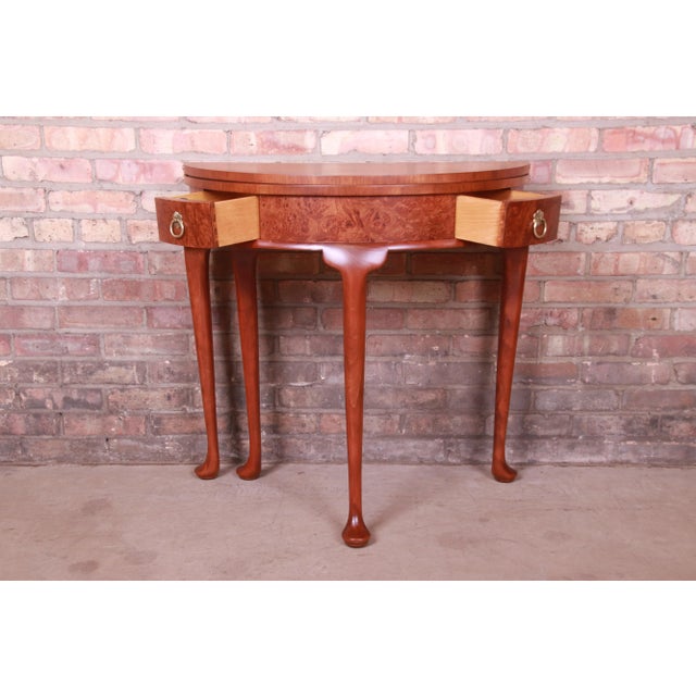 1980s Baker Furniture Burled Walnut Queen Anne Flip Top Demilune Console Table, Newly Refinished For Sale - Image 5 of 13