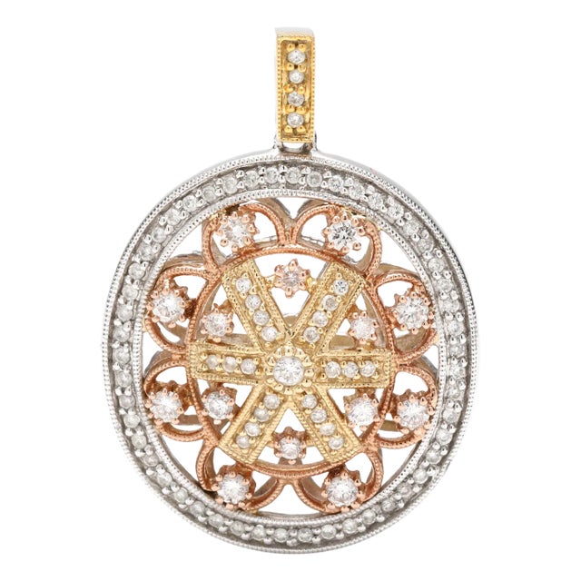 0.75ctw Diamond Cluster Flower Pendant, 14k Rose Yellow & White Gold, 1.25 In. For Sale