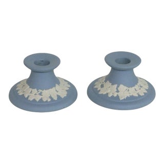 Ecanada Art Pottery Blue Jasperware Canadian Candle Stick Holders - A Pair For Sale