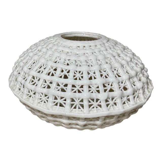 Antique Handmade Chinese White Basket Woven Porcelain Bowl Centerpiece Vase For Sale