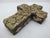 Stunning hand crafted Mexican folk art Milagros cross. Thick hand carved dark wood heavily embellished with gold tone...