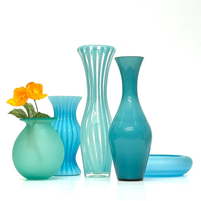 Assorted blue and green vessels, group of 5. A beautiful group of aqua, jade, and turquoise glass vessels of assorted...