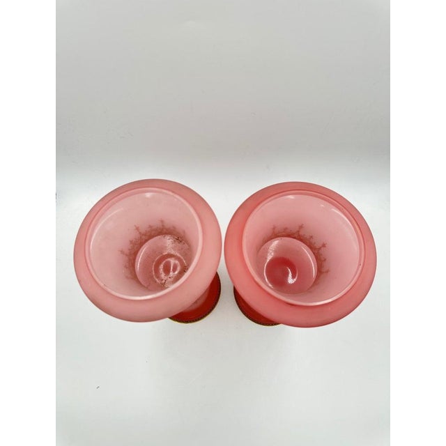 Medici Vases in Pink Opaline with Gilt and Enamel Decoration and Brass-Rimmed Feet, 1890s, Set of 2, in Flawless...