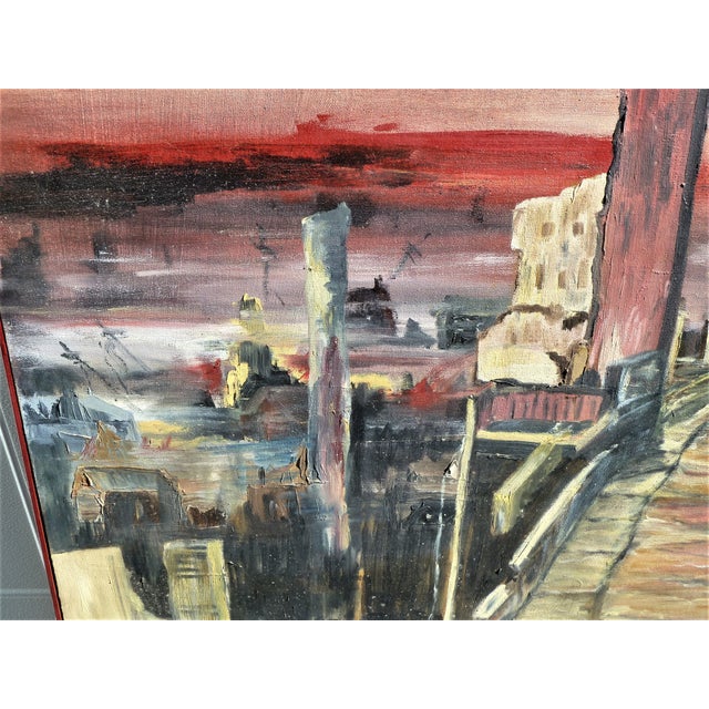 Wood 1970s Original Expressionist Oil Painting "Holocaust" by Geraldine J. Vanderbeek – Large Signed Post-War Cityscape For Sale - Image 7 of 11