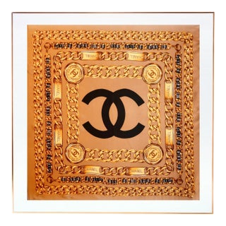 Framed Chanel Silk Scarf 1980s - Orange Gold Frame For Sale