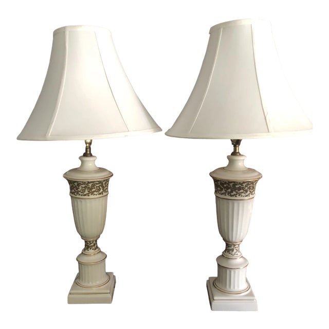 Early 20th Century Tyndale Frederick Cooper Cream & Gold Porcelain Table Lamps - A Pair For Sale