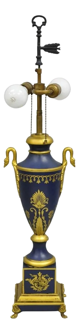 Mid 20th Century Vintage French Empire Blue Tole Metal Gold Swan Painted Urn Form Table Lamp