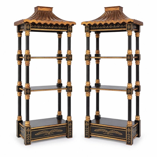 20th-C. Chinoiserie Black and Gilt Painted Pagoda Wall Shelves - Pair For Sale In Atlanta - Image 6 of 6