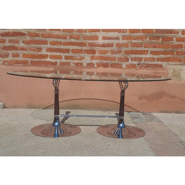 1970s Oval Table in Glass, Chrome and Walnut, 1970s For Sale - Image 5 of 11