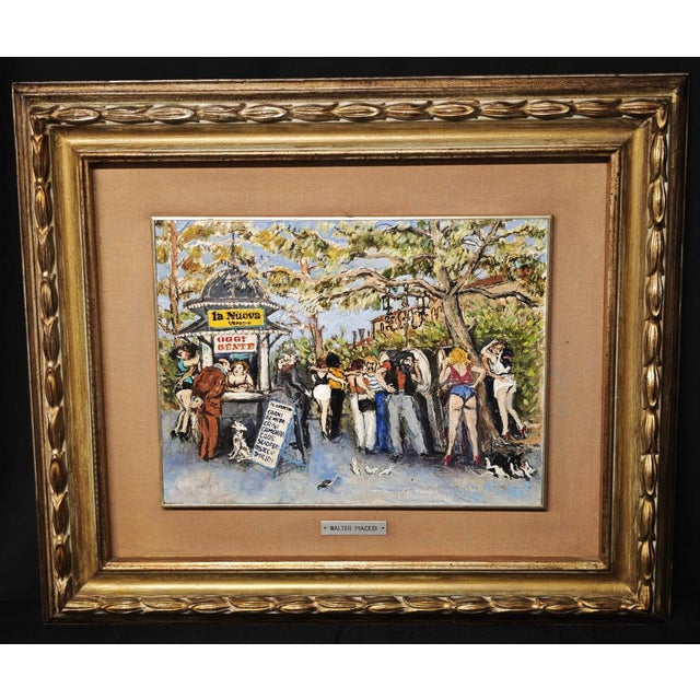 Oil painting on panel by Walter Piacesi, titled "Latest News." The scene depicts a lively city newsstand animated by...