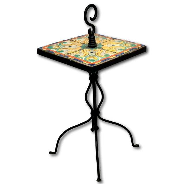 Rare Vintage 1920s California Catalina Island Art Pottery Tile & Hand Wrought Iron Patio Stand - AccentTable For Sale - Image 11 of 18